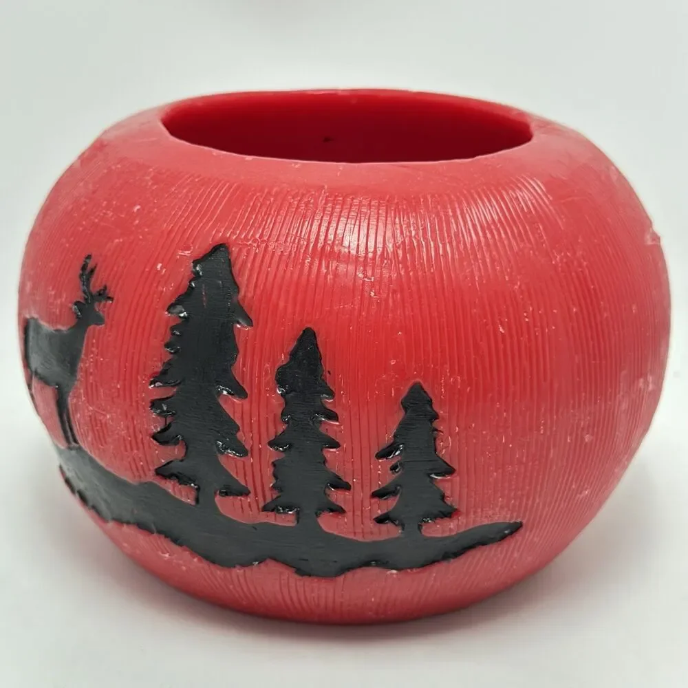 Carved Red Wax Lantern Luminary Bowl Rustic Winter Forest Stag Candle Holder